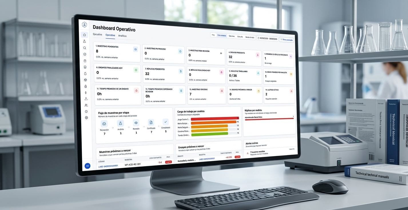 Vista del Dashboard Ejecutivo de NohaLims con KPIs y sparklines